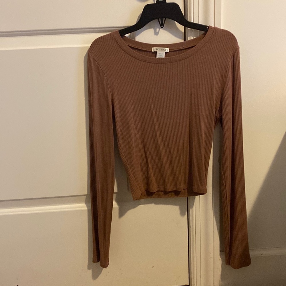 Bozzolo Brown Long Sleeve Fitted Crop Top